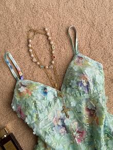 Attitoon Casual Minimalist Daily Versatile All-Match Party Elegant Romantic Vacation Glamorous Vintage, Mint Green Sequin Mesh Floral Watercolor Sequins Textured Fabric, Y2K Top, Birthday, Date, Beach, Vacation, Going Out, Women's Summer - Mint Green - View 4