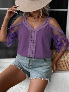 Reflora Camisa casual versátil para uso diario con patrón de encaje floral bordado para mujer de talla grande - Morado - Ver 4