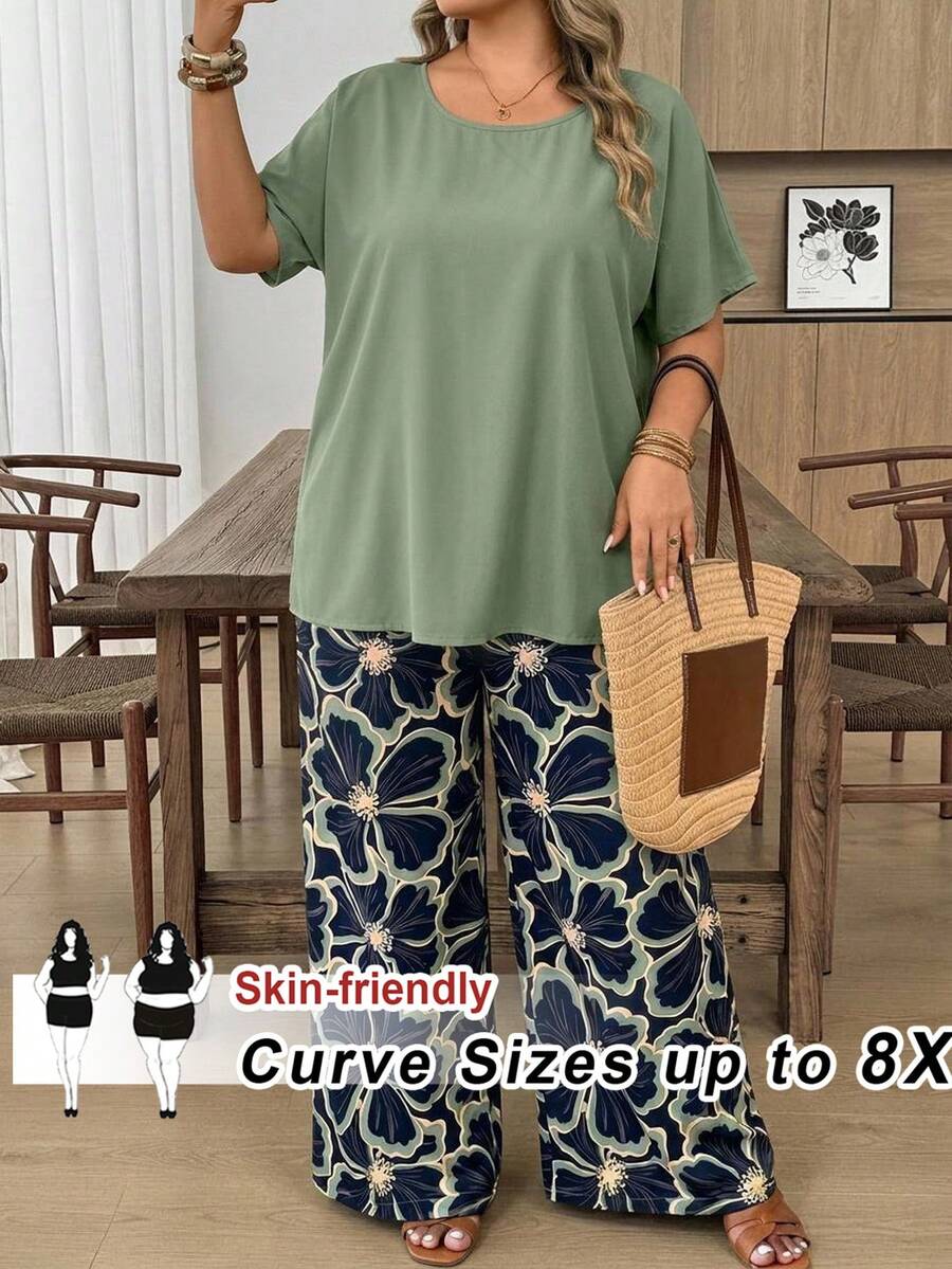 SHEIN CURVE+ طقم نسائي مقاس كبير للعطلات 2 قطعة/مجموعة قميص فضفاض وبنطال بنقشة زهور صغيرة - أخضر نعناع - مشاهدة 1