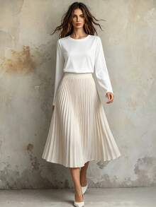 SHEIN Franclia 女士纯色圆领长袖上衣和百褶裙优雅两件套 - 杏色 - 查看 5
