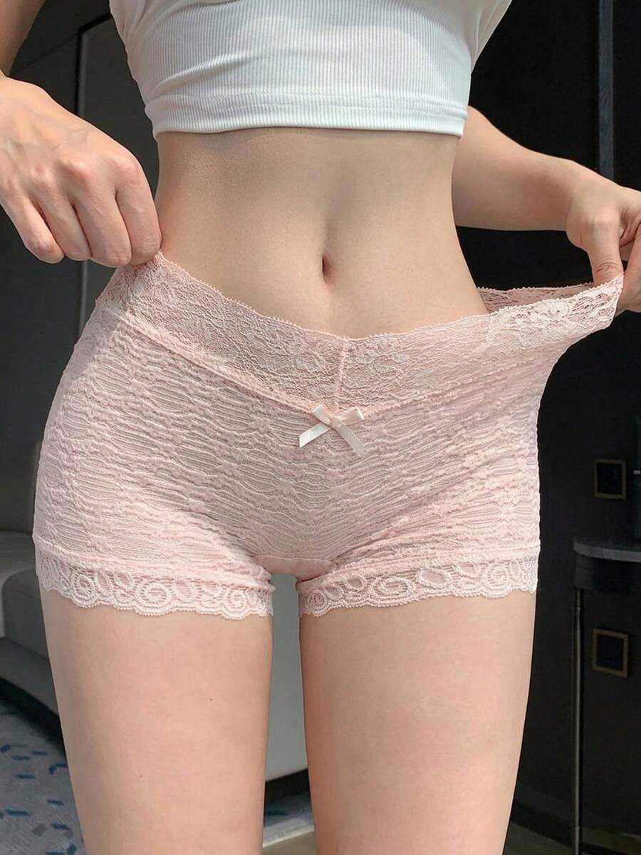 DAZY 性感透視蕾絲拼接修身女款緊身褲 - 粉色 - 查看 1