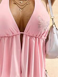 Bellisia 26SS Primavera/Verano Traje de baño Tankini con pedrería y estampado floral negro para vacaciones en la playa (Top & Bottom) - Rosa Pálido - Ver 3