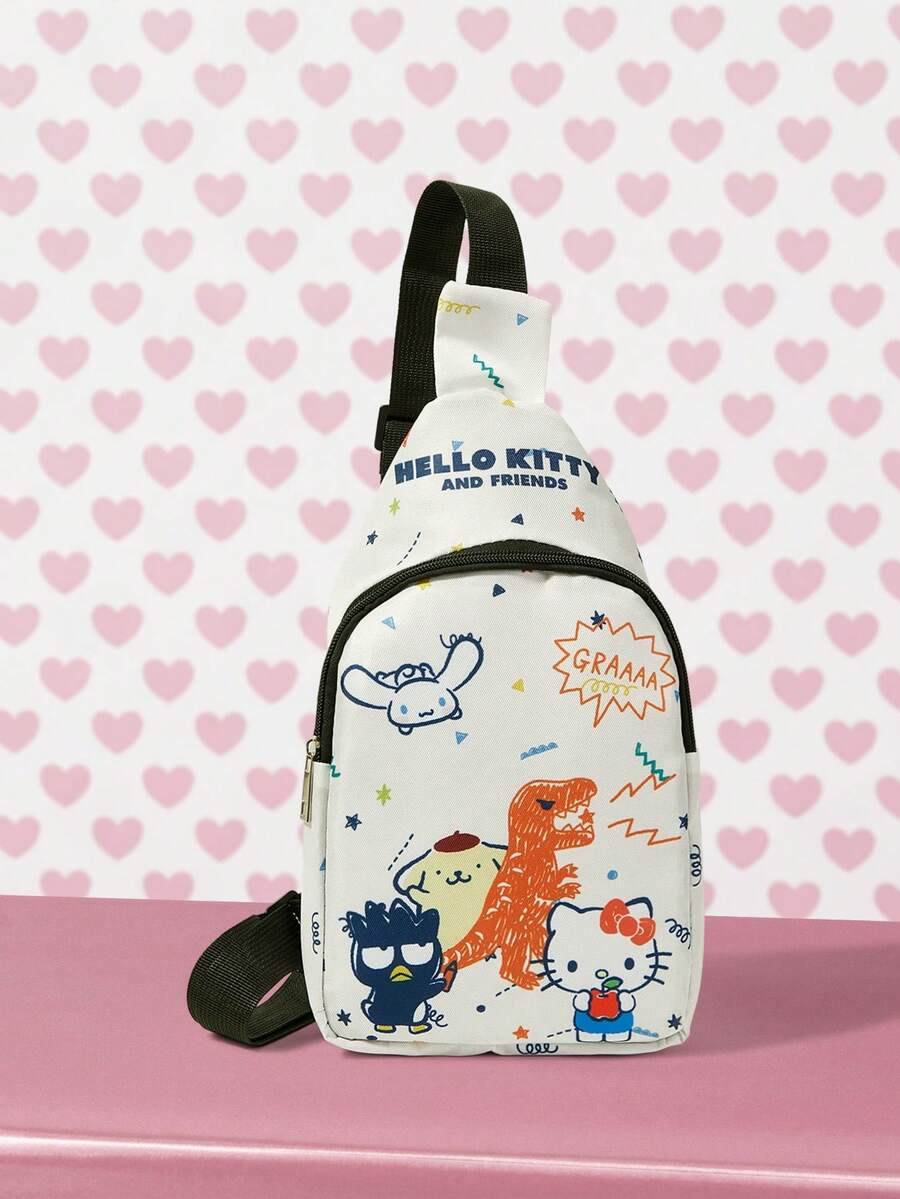 HELLO KITTY AND FRIENDS | SHEIN White Dinosaur & Cartoon Character Print Sling Bag, Casual Adjustable Strap Chest Bag - Dinosaur - View 1