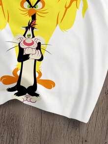 LOONEY TUNES X SHEIN Manfinity Joysei 男士字母與卡通印花寬鬆短版蝙蝠袖T恤 - 白色 - 查看 4