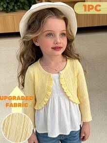 SHEIN Elladie kids 女嬰春夏紋理布料舒適百搭日常開襟衫，嬰幼兒春秋針織長袖前開式拼接荷葉邊短版波羅衫，輕盈柔軟，可搭配多款洋裝，適合女嬰秋季日常外出與疊穿，溫柔甜美 - 黃色 - 查看 4