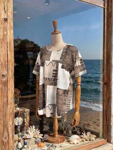 EMERY ROSE Plus Size Women Geometric Print Round Neck Short Sleeve T-Shirt,Beige Summer Smart Casual Vacation Loose Tops,Spring Country Style Beach Clothes - Multicolor - View 3