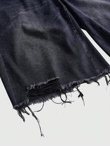 ROMWE Grunge Punk Vintage Asymmetrical Double Waistband Washed Loose Wide Leg Denim Mid-Length Jeans Plus Size - Black - View 4