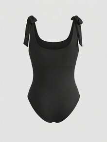 Swim Lushoire 大码女式纯色休闲连体泳衣，带肩结，适合度假夏季 - 黑色 - 查看 6