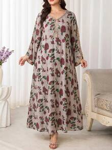 Al Najma 大尺碼女款刺繡花卉印花時尚阿拉伯傳統長洋裝 - 彩色 - 查看 7