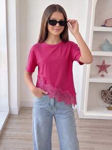 Elladie kids 青少年女孩純色圓領短袖蕾絲下擺T恤 - 玫紅色 - 查看 1