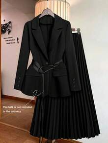 Franclia Vintage Inspired Casual Chic Loose Textured Khaki Women Suit Set For Autumn/Winter Fall Cloth For Women - Black - View 6