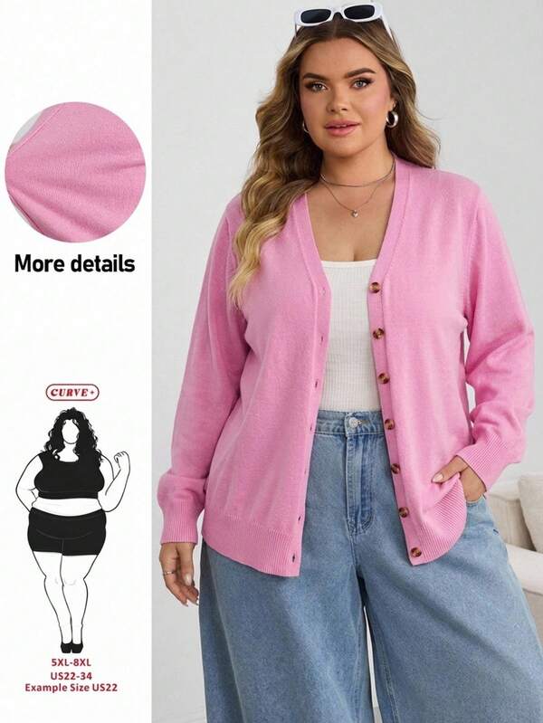 SHEIN CURVE+ Plus Size Women Solid Color Basic Knit Cardigan, Popular Pink Cardigan
