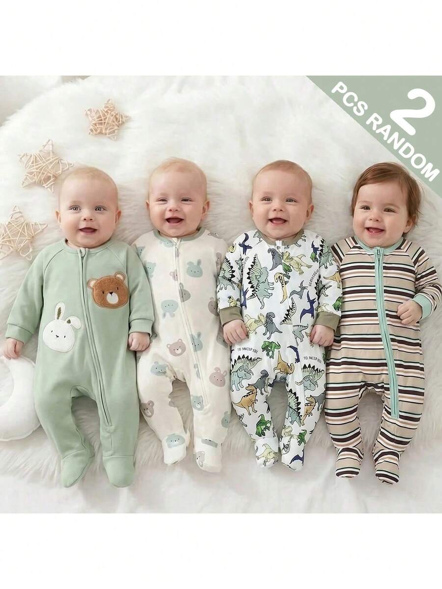 SHEIN Newborn Baby Cute Casual Knit Cartoon Pattern Long Sleeve Home Wear (4 Sets, Get 2 Set Random) - Green - View 1