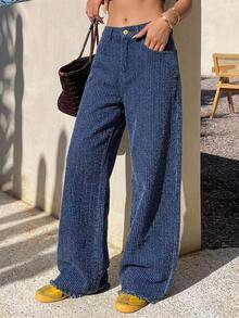 DAZY Women's Textured Loose Flared Korean Style Casual Jeans - Blue - View 10