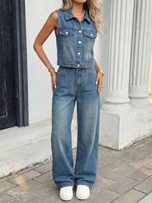 SHEIN 2Pcs Y2k Streetwear Teen Girl Nostalgic Blue Denim Loose Sleeveless Jacket And Comfortable Jeans Back-To-School Summer - Blue - View 6