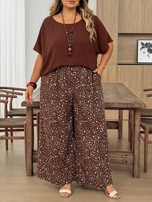 SHEIN CURVE+ Curve 尺码 US22 音乐节、海滨度假、波西米亚风两件套女士度假宽松衬衫和碎花长裤套装 夏季套装 - 棕色 - 查看 6