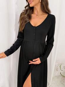 Moonlight&Mama Solid Color V-Neck Casual Button-Front Long Sleeve Maternity Loungewear Dress - Black - View 4