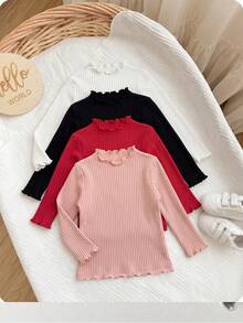 Conjunto de 4 piezas de blusas de manga larga con cuello de volantes de unicolor para niñas bebé en negro, blanco y rosa - Multicolor - Ver 6