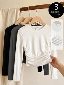 3pcs Tween Girls Solid Color Crew Neck Ruched Long Sleeve T-Shirt Undershirts, Casual For Autumn/Winter - Dark Grey - View 1