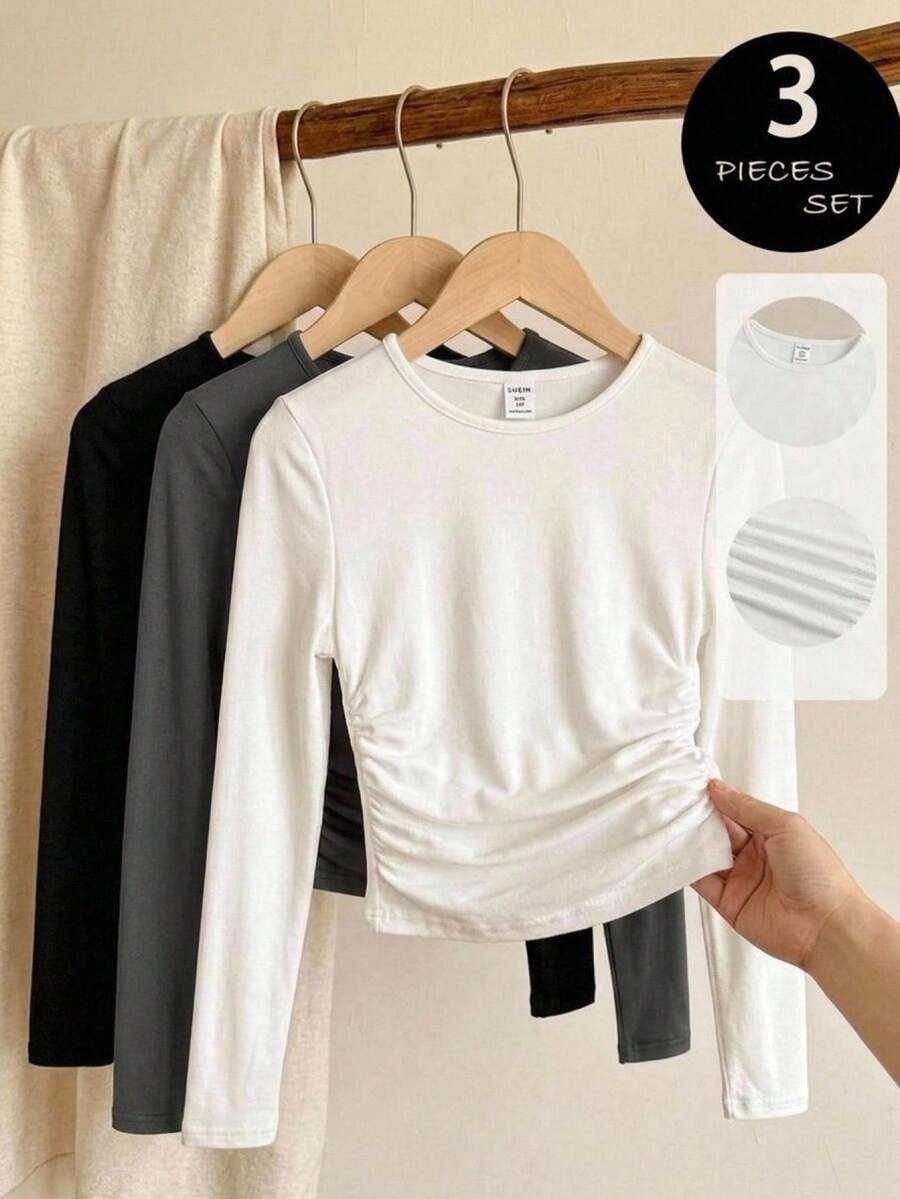 3pcs Tween Girls Solid Color Crew Neck Ruched Long Sleeve T-Shirt Undershirts, Casual For Autumn/Winter - Dark Grey - View 1