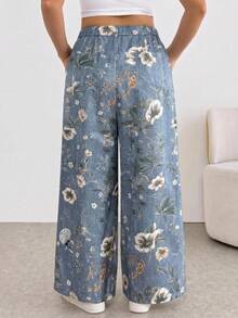 SHEIN CURVE+ Damen Große Größen Bedruckte Elastische Taille Weite Beine Lockere Lässige Hose Strandkleidung Herbst, Winter 2026 22W - Verschiedenfarbig - Übersicht 2