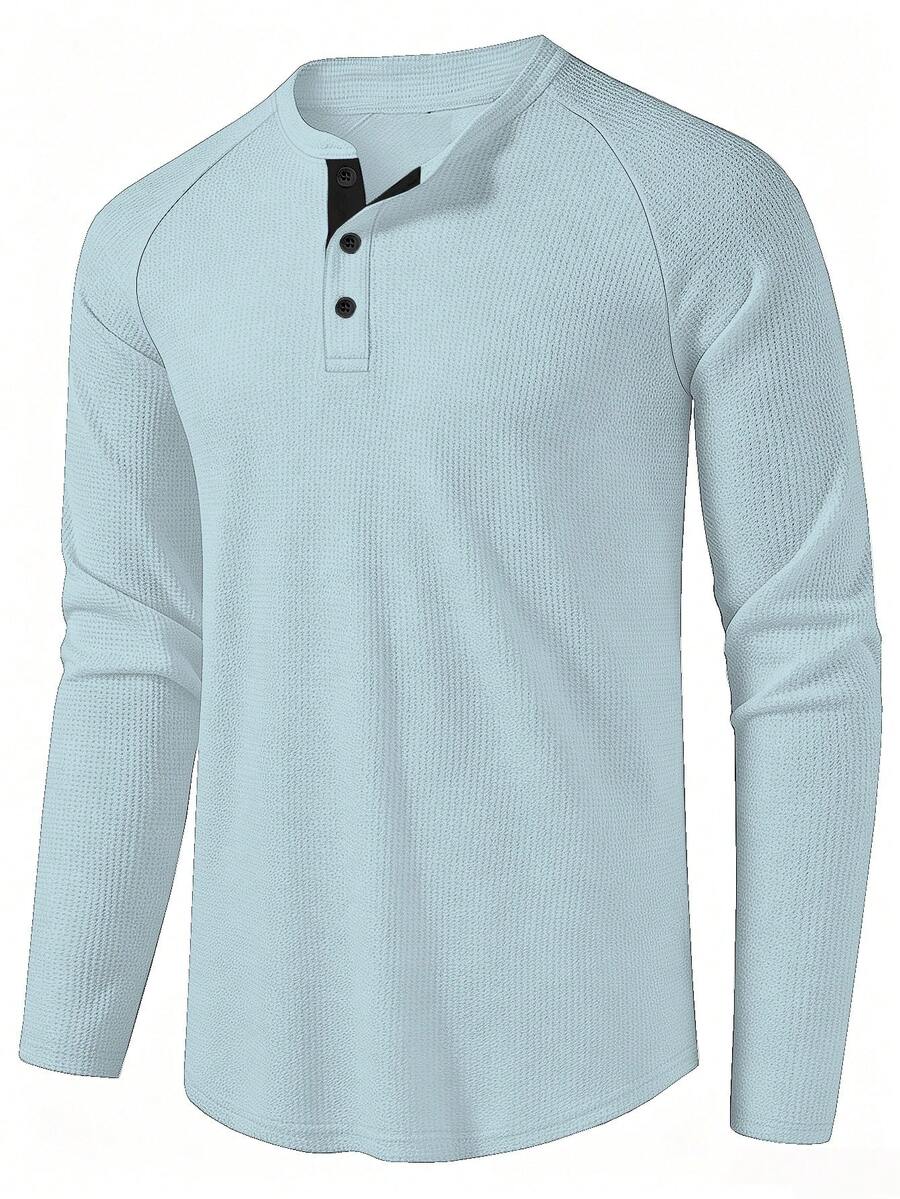 Manfinity Homme Men's Solid Color Button Half-Placket Raglan Long Sleeve T-Shirt - Blue - View 1