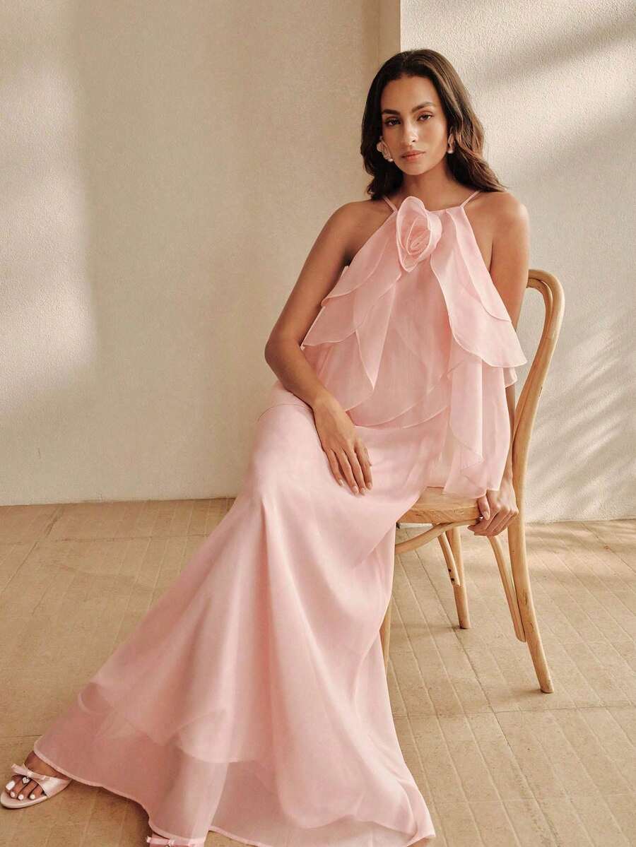 Anewsta French Elegant Romantic Cute Date Bride Getting Ready Mother Of The Bride Garden Party Bachelorette Wedding Style Strappy Floral Dress Pink
