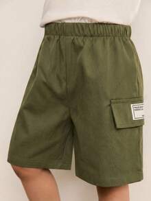 3pcs/Set Kids Boys' Casual Solid Color Loose Fit Elastic Waist Shorts,Versatile For Summer,Daily Wear,School,Leisure,Sports & Spring,Fall,Winter - Army Green - View 4