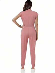 TaskEZ Solid Color Drawstring Waist Scrub Uniform Jumpsuit - Pink - View 5