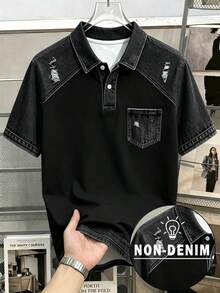 Manfinity Hypemode Men's Plus Size Black Denim Effect Patchwork Polo Shirt, Suitable For Casual Daily Wear - Black - View 1