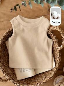 SHEIN Baby Girl Knit Solid Color Round Neck Fitted Casual Tank Top - 杏色 - 查看 3