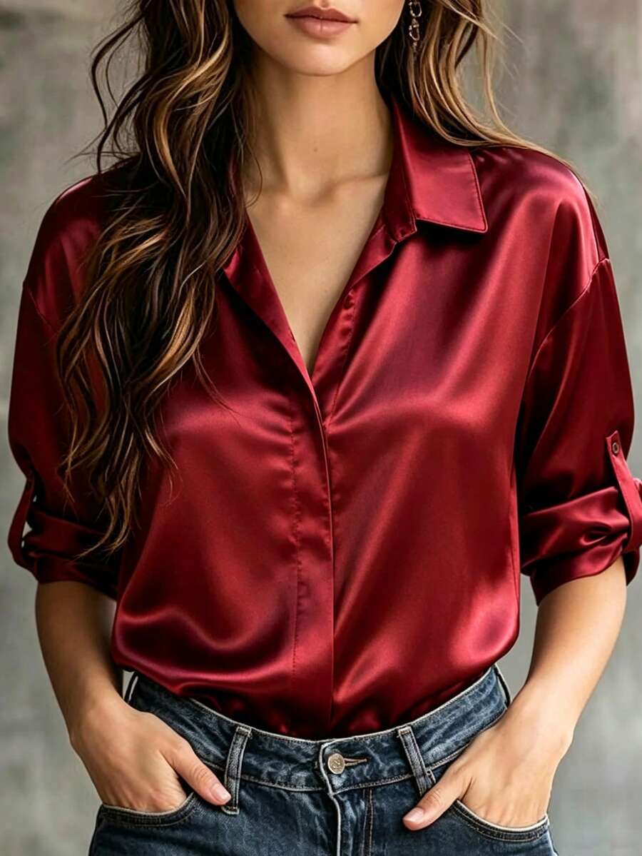 Franclia Women Glossy Satin Collared Blouse Twist Hem Roll Tab 3/4 Sleeve V Neck Loose Fit Elegant Wine Red Office Shirt - Red - View 1