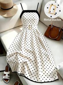 SHEIN Franclia 女士优雅波点印花无袖连衣裙，夏季 - 黑與白 - 查看 7