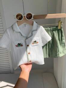 SHEIN 中性嬰兒男/女嬰 2件組 春夏休閒可愛大象刺繡度假風短袖上衣與短褲套裝，男嬰套裝，男嬰夏季衣著，柔軟，復古 - 薄荷綠 - 查看 5