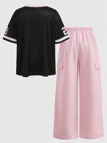 Girlism 少女/青少年女孩针织网眼印花T恤和裤子休闲套装 - 粉色 - 查看 5