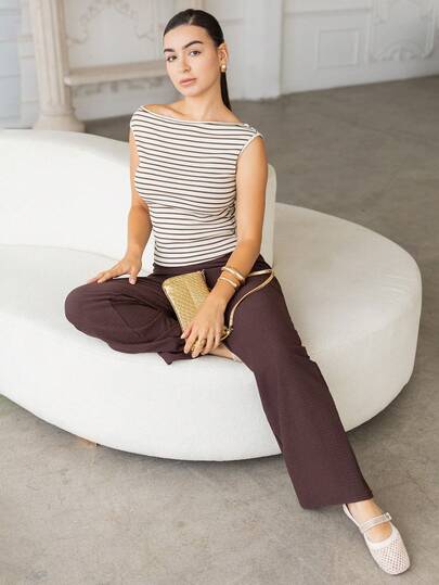 Andrea Bello Pink Stripe,Summer,Casual,Vacation Crochet Brown Striped Off-Shoulder Irregular T-Shirt Top For Women,Daily Leisure Commuting All-Match Spring Autumn