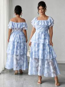 Elenzga Spring Summer Plus Size Floral Striped Print Pullover, Ruffle Long Sleeve Design, Casual Elegant Wedding Commute Mother Of The Bride Light Blue - Baby Blue - View 2