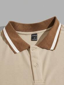 SWAVVY Men's Button Half-Placket Striped Contrast Color Knit Polo Shirt - Khaki - View 4