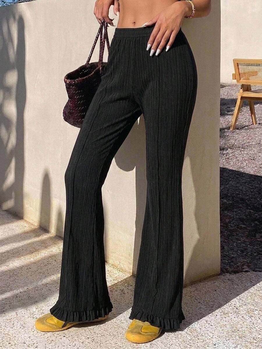 DAZY Women's Solid Color Flared Leg Comfortable Pants Petite - Black - View 1