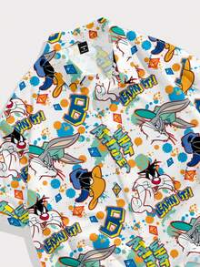 LOONEY TUNES X SHEIN FROVYX Men's Letter Cartoon Print Short Sleeve Single-Breasted Cropped Shirt Vacation White Summer Streetwear - Multicolor - View 4