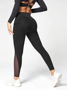 SHEIN Sports 女款网眼侧插手机袋运动紧身裤瑜伽裤 - 黑色 - 查看 6