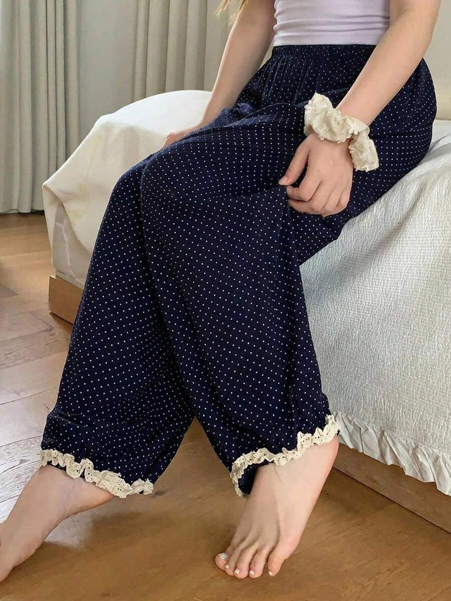 Dazy Plus Elastic Waist Polka Dot Loose Lantern Pants Cute Frill Trim Cuffed Bottom Spring Autumn Pajama Bottoms - Navy Blue - View 1