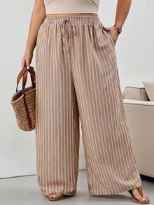 SHEIN CURVE+ 大尺碼休閒端莊條紋寬鬆長褲 2026 秋冬 22W - 棕色 - 查看 7