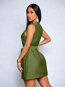 SOLERSUN Elegant And Casual V-Neck, Fitted Waist, Belted Short Dress For Women, Suitable For Everyday Commuting And Casual Wear, Beach Vacations, Mother's Day Short Dress, Yellow Dress. - Army Green - View 3