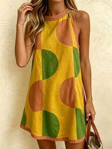 Vaclyn Vacation Casual Colorblock Print Sleeveless Dress - Multicolor - View 3