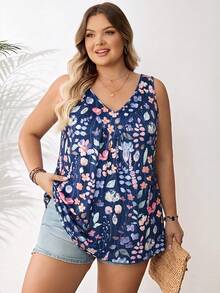 SHEIN CURVE+ Women's Plus Size Navy Blue V-Neck Loose Tank Top Vacation Summer Boho - Navy Blue - View 4