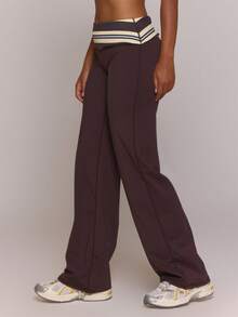 Musera Sport Butter Yellow Contrast Stripe Thick Foldover Waist Wide Leg Yoga Leggings Pants - Coffee Brown - View 3