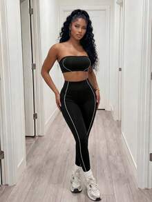 BamGleam Sleeveless Black Micro Crop Strapless Set For Active Lifestyle Strapless Two Piece Set Two Piece Legging Set Workout Set Two Piece Gym Two Sports - Black - View 5