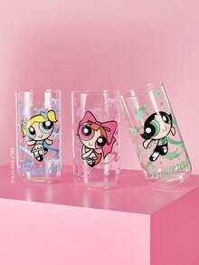 THE POWERPUFF GIRLS X SHEIN 1個 19.60oz/580ml L號可愛卡通圖案印花硼矽玻璃杯，耐冷耐熱，適用於牛奶、果汁、咖啡、氣泡水等，草莓、蝴蝶結、貓咪圖案 - 無色 - 查看 2
