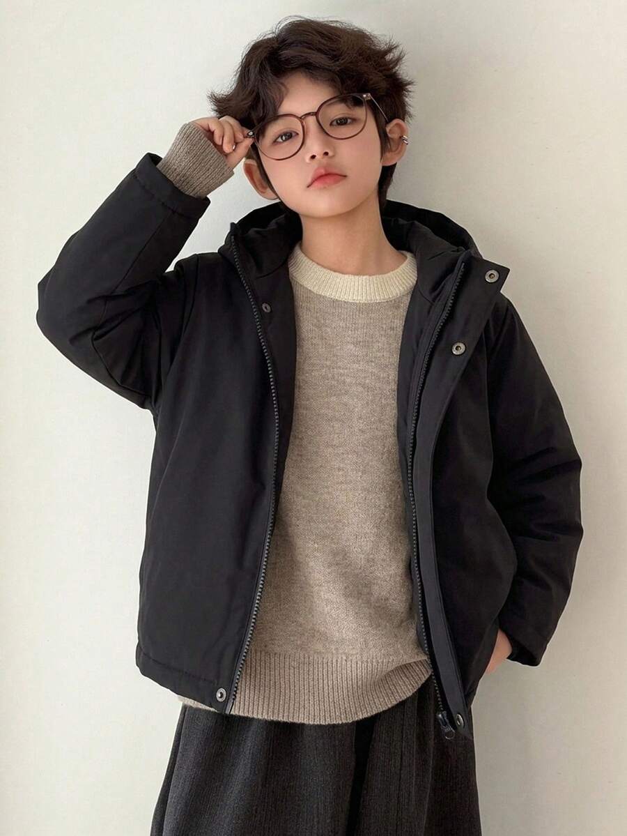 DAZY Young Boy Solid Color Hooded Zip-Up Fashion Versatile Winter Padded Coat - Black - View 1